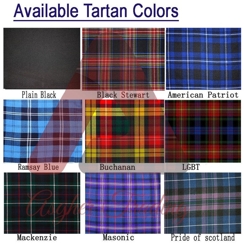 Op de afbeelding: Negen verschillende tartanpatronen in verschillende kleuren, waaronder zwart, rood, blauw, groen en geel. De patronen zijn gelabeld met namen zoals "Plain Black", "Black Stewart", "American Patriot", "Ramsay Blue", "Buchanan", "LGBT", "Mackenzie", "Masonic" en "Pride of Scotland".