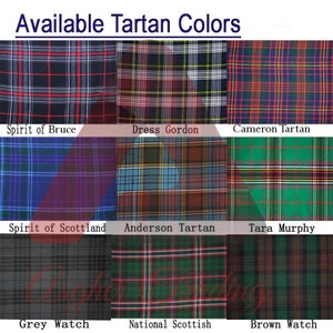 Op de afbeelding: Een collage van negen verschillende tartanpatronen, elk met een label dat de naam van de tartan aangeeft. De tartans omvatten Spirit of Bruce, Dress Gordon, Cameron Tartan, Spirit of Scotland, Anderson Tartan, Tara Murphy, Grey Watch, National Scottish en Brown Watch.