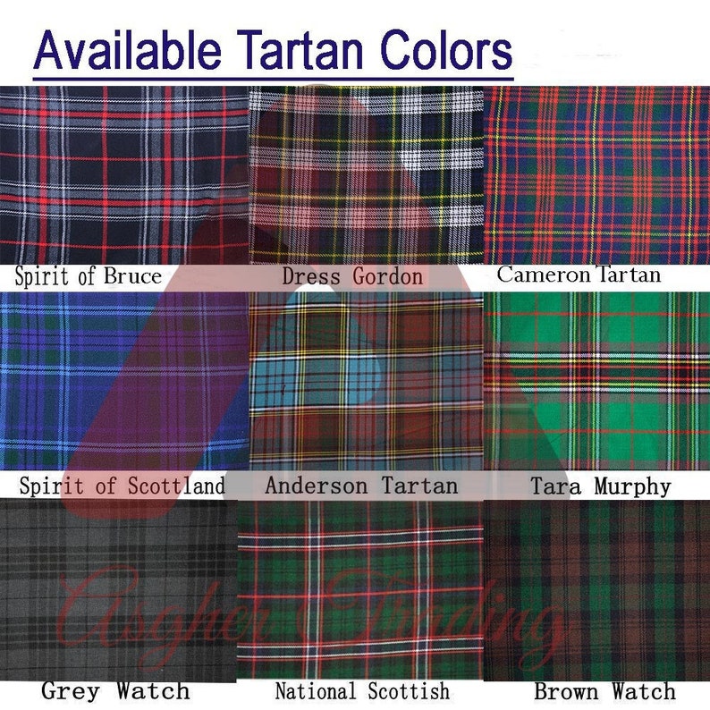 Op de afbeelding: Een collage van negen verschillende tartanpatronen, elk met een label dat de naam van de tartan aangeeft. De tartans omvatten Spirit of Bruce, Dress Gordon, Cameron Tartan, Spirit of Scotland, Anderson Tartan, Tara Murphy, Grey Watch, National Scottish en Brown Watch.
