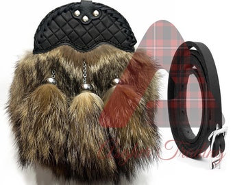 Handmade Scottish Kilt Sporran: Black Leather & Coyote Fur, with Belt