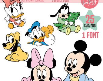 25 Baby Mickey Mouse and friends SVG Cliparts, Baby Minnie Mouse, Babies friends, 25 png Cliparts, 1 Font, Instant download