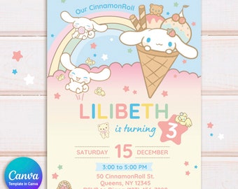 Cinnamon Party Invitation for Girls, Kitty and Friends Invite, Canva editable birthday Template, Cinna-mon Roll Kawaii Party