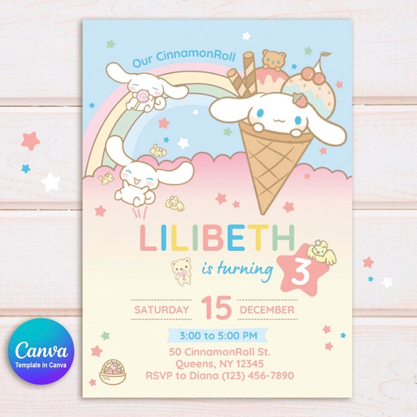 Cinnamon Party Invitation for Girls, Kitty and Friends Invite, Canva editable birthday Template, Cinna-mon Roll Kawaii Party