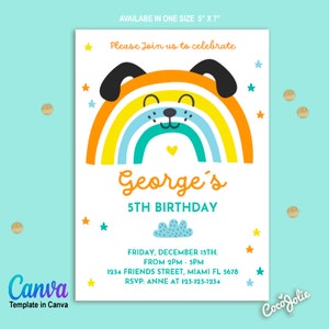 Rainbow Dog Birthday Invitation for Boys, Cute Rainbow Animal, multicolor stars, Colorfull Rainbow, Fun Boys Birthday Invitation Template image 3