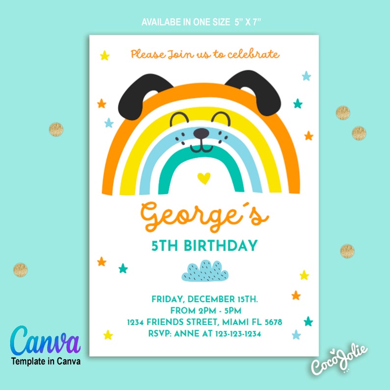 Rainbow Dog Birthday Invitation for Boys, Cute Rainbow Animal, multicolor stars, Colorfull Rainbow, Fun Boys Birthday Invitation Template image 3