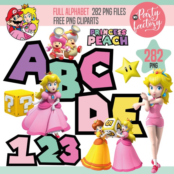 Princess Peach Alphabet, Princess peach Font, Free Peach PNG Clipart, TTF Mario font, Mario Numbers Letters Invitations Birthday Shirt