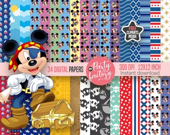 Mickey Pirate 34 Digital Paper & free PNG Clipart included, free Mickey Pirate pgn Clipart, Scrapbook papers digital - Instant Download