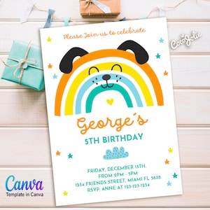 Rainbow Dog Birthday Invitation for Boys, Cute Rainbow Animal, multicolor stars, Colorfull Rainbow, Fun Boys Birthday Invitation Template image 1