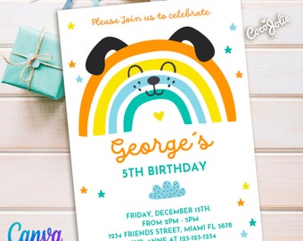 Rainbow Dog Birthday Invitation for Boys, Cute Rainbow Animal, multicolor stars, Colorfull Rainbow, Fun Boys Birthday Invitation Template