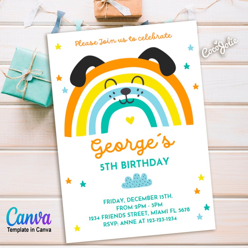 Rainbow Dog Birthday Invitation for Boys, Cute Rainbow Animal, multicolor stars, Colorfull Rainbow, Fun Boys Birthday Invitation Template image 1