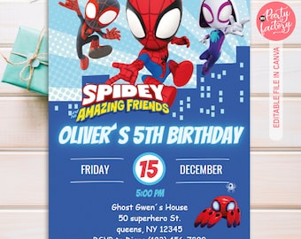 Invito di compleanno per ragazzi di Spidey e i fantastici amici, biglietto di Spidey e i fantastici amici, modello di biglietto di compleanno modificabile di Canva per ragazzi