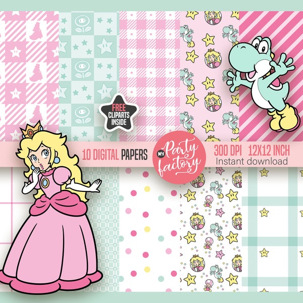 Princess Peach 10 Digital Papers & free PNG Clipart, Soft Pastel Color Mario Princess Digital Papers, girl, Scrapbook papers