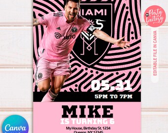 Messi Birthday Invitation, Soccer Invite, Canvas Editable, Sport invitation, Pink, The herons, Lionel Pink birthday invite, Soccer card