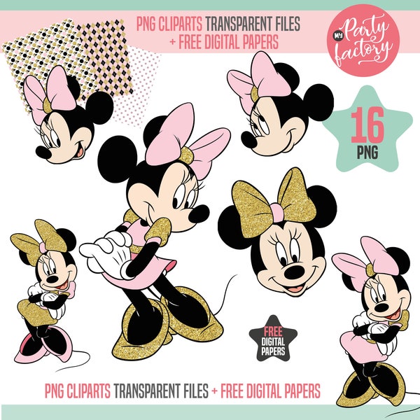 16 PNG Minnie Mouse Gold Glitter and Pink Images, high Resolution, transparent Background, Gold, Party Decor, Minnie images Instant Download