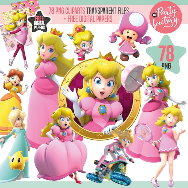 Princess Peach PNG Cliparts Bundle, Mario Princess PNG, Free Digital Papers, Printable Peach, Super Mario Bros PNG Princess Peach Birthday