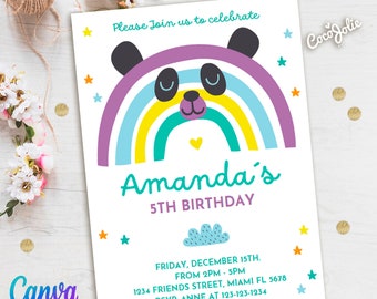 Rainbow Bear Birthday Invitation for Girls, Cute Rainbow Animal, multicolor stars, Colorfull Rainbow, Fun Girls Birthday Invitation Template