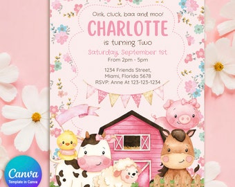 Pink Watercolor Farm Printable Party Invitation for Girls, Flower Farm Invite, Pink Farm Birthday Party, Canva Editable Farm Party Invite