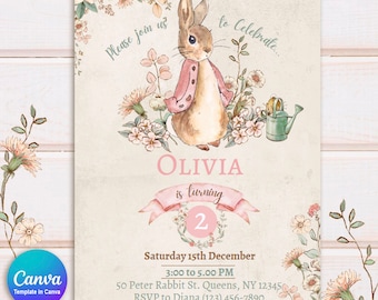 Peter Rabbit Vintage roze uitnodiging, Bunny uitnodiging voor meisjes, Peter Rabbit aquarel uitnodigen, vintage bloemen, Canva bewerkbaar, groen