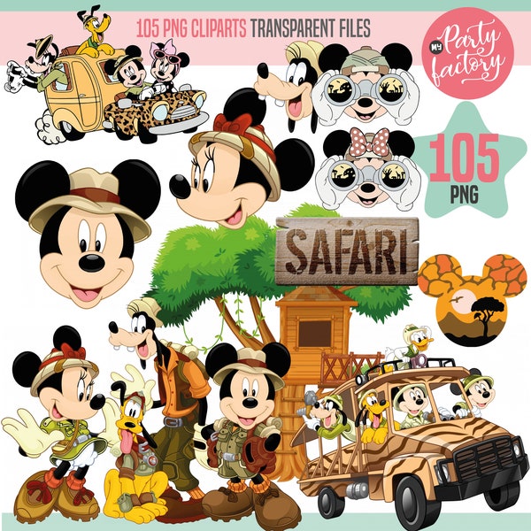 Mickey Safari Clipart PNG Digital Download, 90 PNG with transparent backgrounds Mickey and Friends Jungle Animals