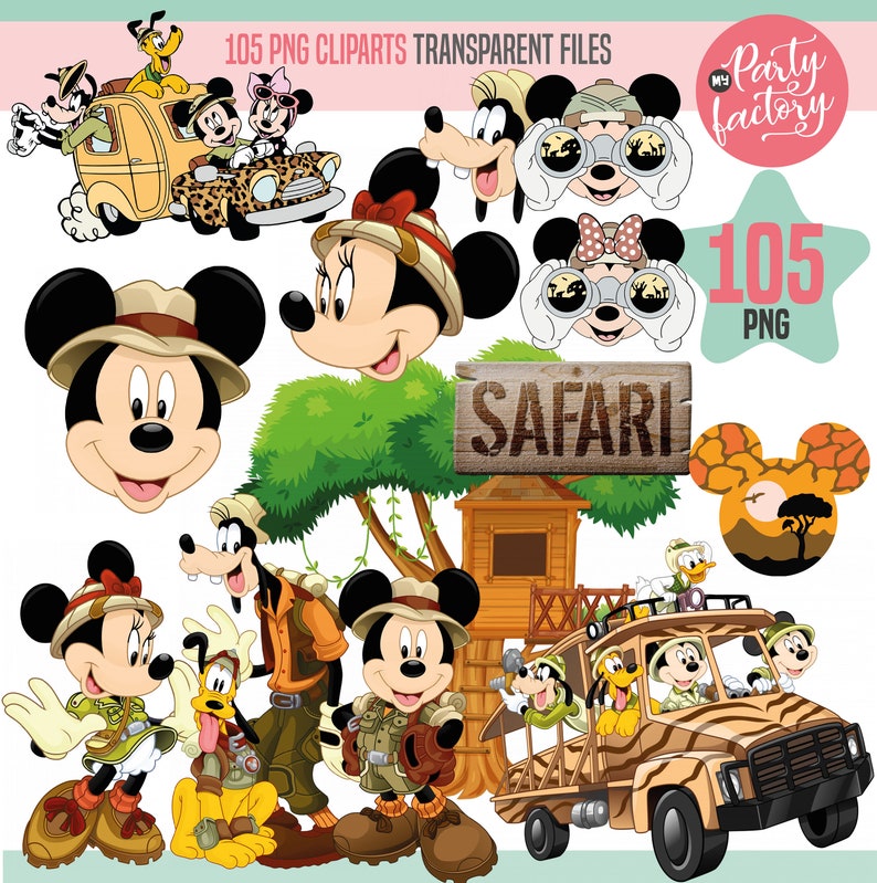 Mickey Safari Clipart PNG Digital Download, 90 PNG with transparent backgrounds Mickey and Friends Jungle Animals image 1
