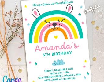 Rainbow baby bear Birthday Invitation for Girls, Cute Rainbow Animal, multicolor stars, Colorfull Rainbow, Fun Girls Birthday card Template