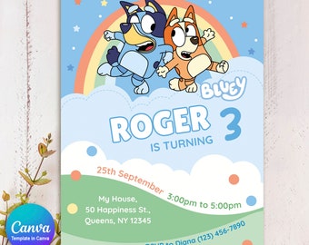 Blue Dog Boy Birthday invitation, Blue dog Invite, Canvas Editable card, Boys Blue dog Invitation, coloured Stars Rainbow Party Invite