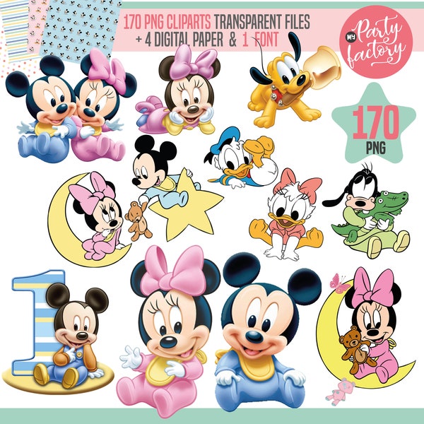 Mickey Mouse Baby and friends 170 PNG, 4 Digital Papers, 1 Font. Printable cliparts, png transparent files, mouse baby cliparts