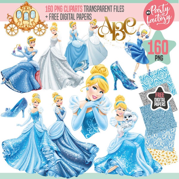 Cinderella Princess 160 PNG Bundle, Cinderella Alphabet png, Free Cinderella Digital Papers, Princess Cinderella Clipart, Instant Download