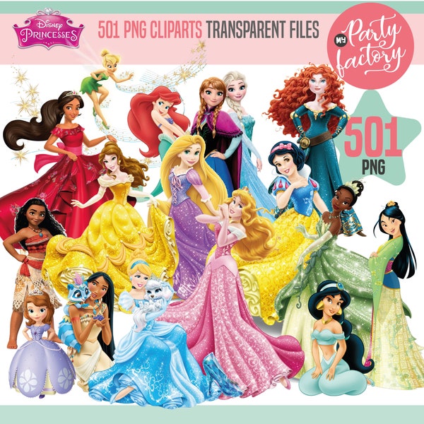 Princesse 501 PNG Bundle, Princesse Clipart Téléchargement instantané, Anniversaire, Moana, Frozen, Blanche-Neige, La Belle au bois dormant, Aurore, Jazmin