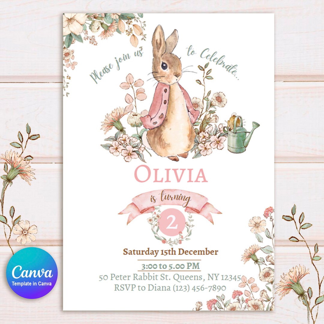 Peter Rabbit Vintage Pink Invitation, Bunny Invitation for Girls, Peter ...