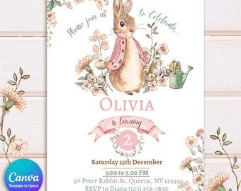 Peter Rabbit Vintage Pink Invitation, Bunny Invitation for girls, Peter Rabbit Watercolor Invite, Vintage flowers, Canva Editable, white