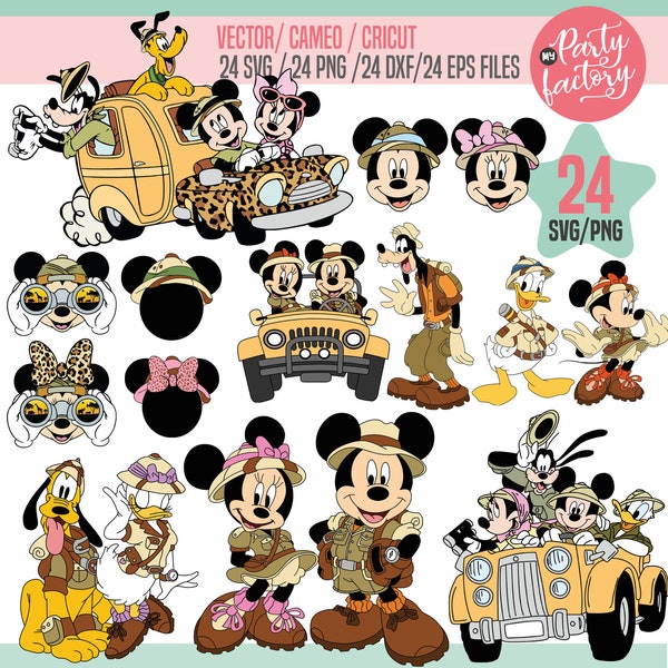 Mickey Safari Mouse SVG, EPS, PNG, Maus und Freunde Safari stehende Charaktere, Themen-Mittelstücke, T-Shirt, Sofortiger Download, Digital