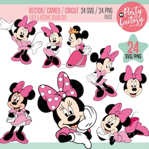 24 Pink Minnie Mouse SVG Cliparts, 24 PNG Cliparts, Bow, Dot Bow, Daisy, Cricut, silhouette, Rose, Téléchargement instantané