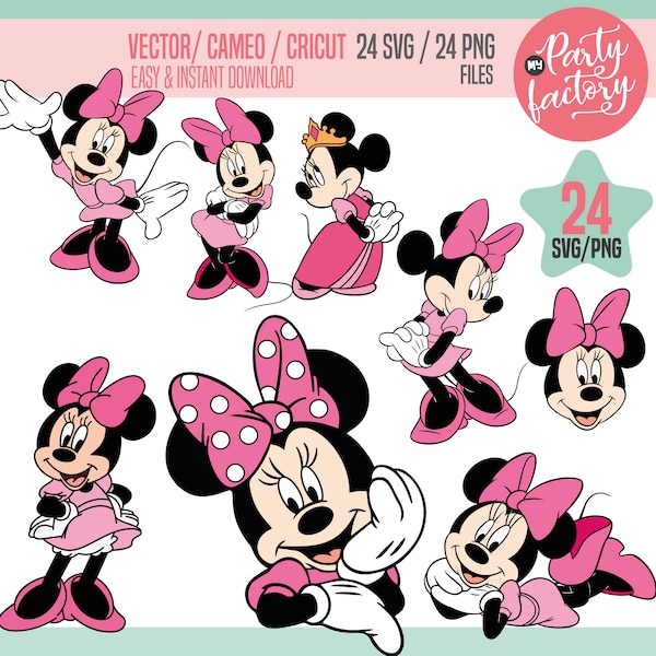 24 Pink Minnie Mouse SVG Cliparts, 24 PNG Cliparts, Bow, Dot Bow, Daisy, Cricut, silhouette, Pink, Instant download