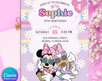 Minnie and Daisy Birthday Invitation, Minnie and Daisy BFF Invite, Canvas Editable, Minnie and daisy Friends birthday card, Rainbow card