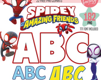 Spidey and his Amazing Friends Alphabet, Spidey Font, free Spidey PNG Clipart, Spidey Numbers and Letters for Invitations, birthday shirt