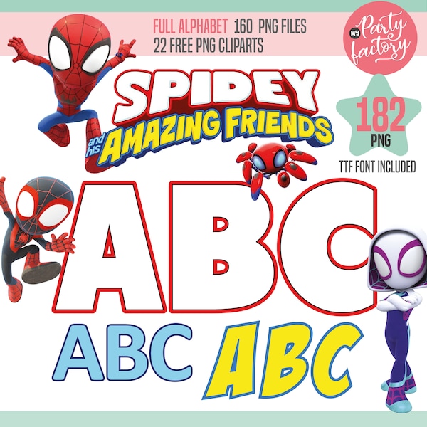 Spidey und seine erstaunlichen Freunde-Alphabet, Spidey-Schriftart, kostenlose Spidey-PNG-Cliparts, Spidey-Zahlen und Buchstaben für Einladungen, Geburtstagsshirt