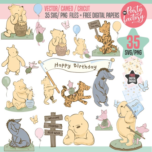 Winnie the Pooh SVG Vintage Watercolor files, Winnie the pooh and friends png, honey baby bear, cricut, Eeyore, Tigger, Free Digital Papers