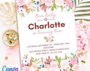 Romantic Bouquet Birthday Invitation for Girls, Watercolor Flowers  Girls Birthday Invitation Template,  Download, First Birthday Invite