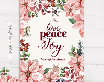 Floral Christmas Invitation, Happy Holiday, Printable, Pdf,  Red watercolor bouquets, JPG. Not editable, Love, Peace, Joy, INSTANT DOWNLOAD