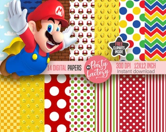 14 Super Mario Digital Paper & free PNG Clipart included, free pgn Clipart, super mario and luigi, Instant download