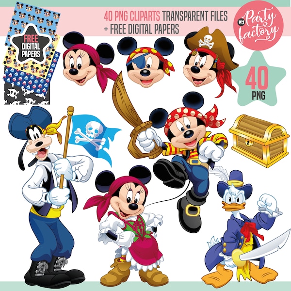 Mickey Mouse Pirate PNG Cliparts, 40 cliparts, free digital paper, Captain and friends pirates clipart, Mickey and friends png cliparts