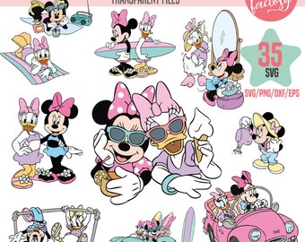 Minnie and Daisy Best Friends SVG cliparts, PNG Minnie and Daisy BFF Having fun, Minnie and Daisy Summer Beach, Vector file, Cut File