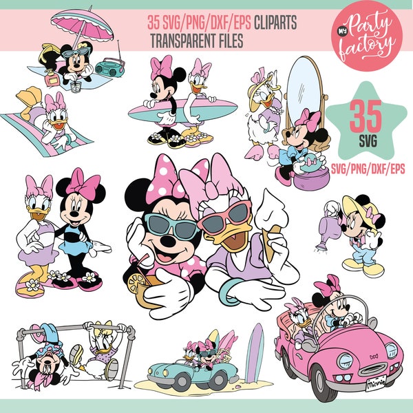 Minnie and Daisy Best Friends SVG cliparts, PNG Minnie and Daisy BFF Having fun, Minnie and Daisy Summer Beach, Vector file, Cut File