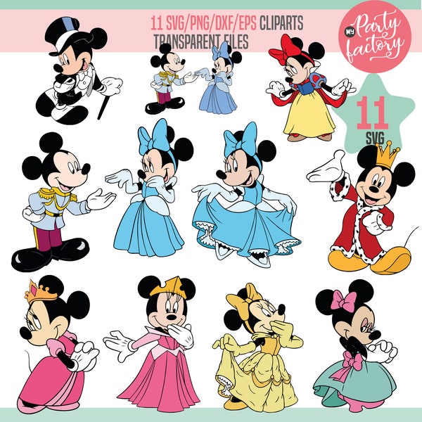 Mickey and Minnie King and Queen SVG Clipart, Minnie and Mickey Prince and princess png, Silhuette, Cricut svg files, Minnie princess dress