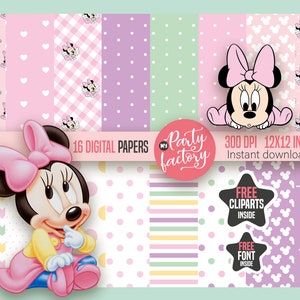 Minnie Mouse Baby Girl Mouse 16 Digital Paper & free PNG Clipart and 1 Font included, Girls, Scrapbook papers digital - Instant Download