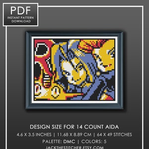 Op de afbeelding: Een kruissteekpatroon met een kleurrijk abstract ontwerp in een kleurenschema van blauw, geel, rood en zwart. Het patroon is ingelijst en bevat de tekst "DESIGN SIZE FOR 14 COUNT AIDA 4.6 X 3.5 INCHES | 11.68 X 8.89 CM | 64 X 49 STITCHES PALETTE: DMC | COLORS: 5 JACKTHESTITCHER.ETSY.COM".