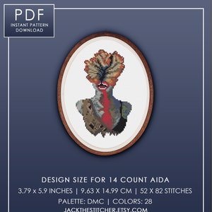 May include: Cross stitch pattern for a 14 count Aida fabric. The design is a portrait of a creature with a human-like body and a head that resembles a tree. The creature is depicted with a red mouth and a red and brown body. The design is 3.79 x 5.9 inches or 9.63 x 14.99 cm and uses 28 colors.