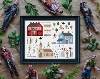 Villaggio degli zombi / Sampler in stile vintage / Schema per punto croce (download PDF)