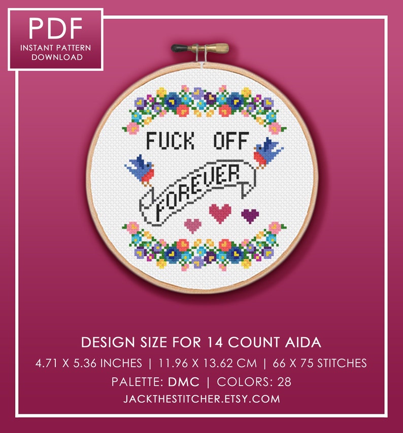 PDF ONLY Fuck Off Forever Modern Subversive Cross Stitch Template Pattern Instant PDF Download image 1